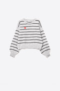 gray striped knit sweater with red heart detail