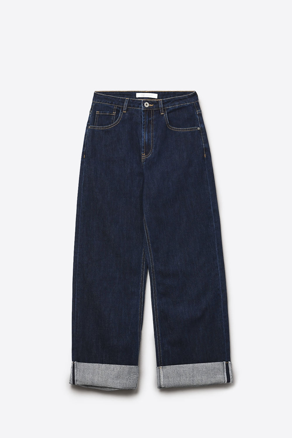 High-Waisted Dark Blue wide leg Jeans with Folded Hems