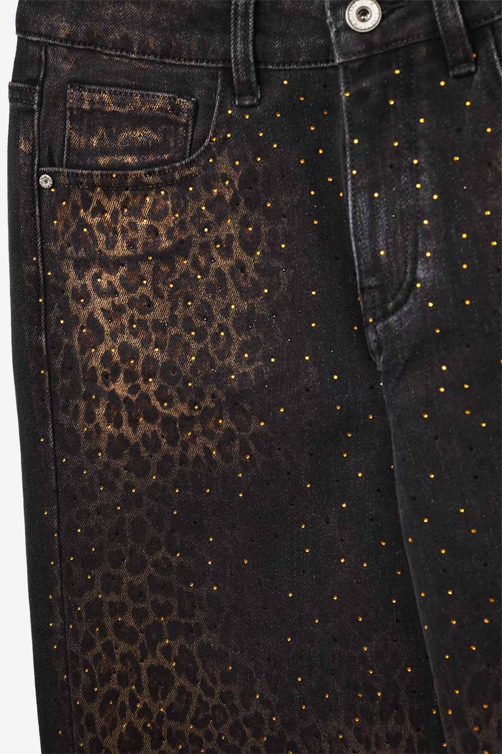 Leopard Print Black Straight-Leg Jeans with strass detail