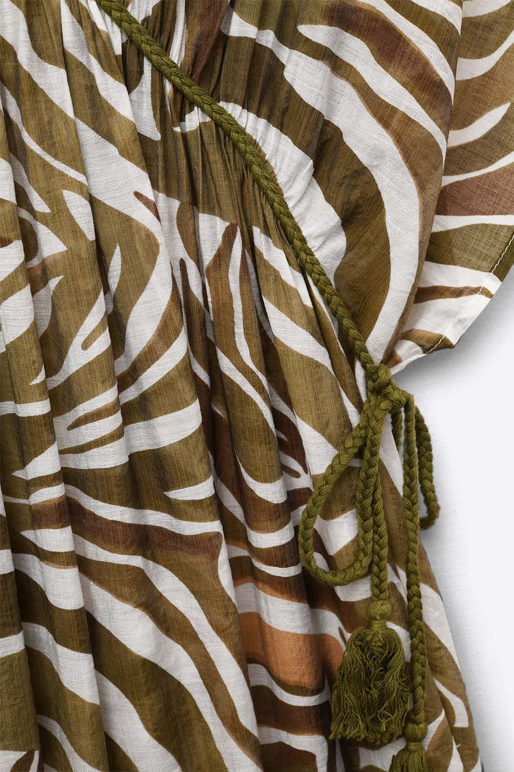 flowy chiffon Khaki Zebra Print Maxi Dress with Drawstring Waist