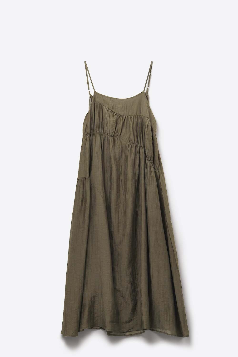 Khaki Midi Dress with Thin Straps and Crinkled Detail