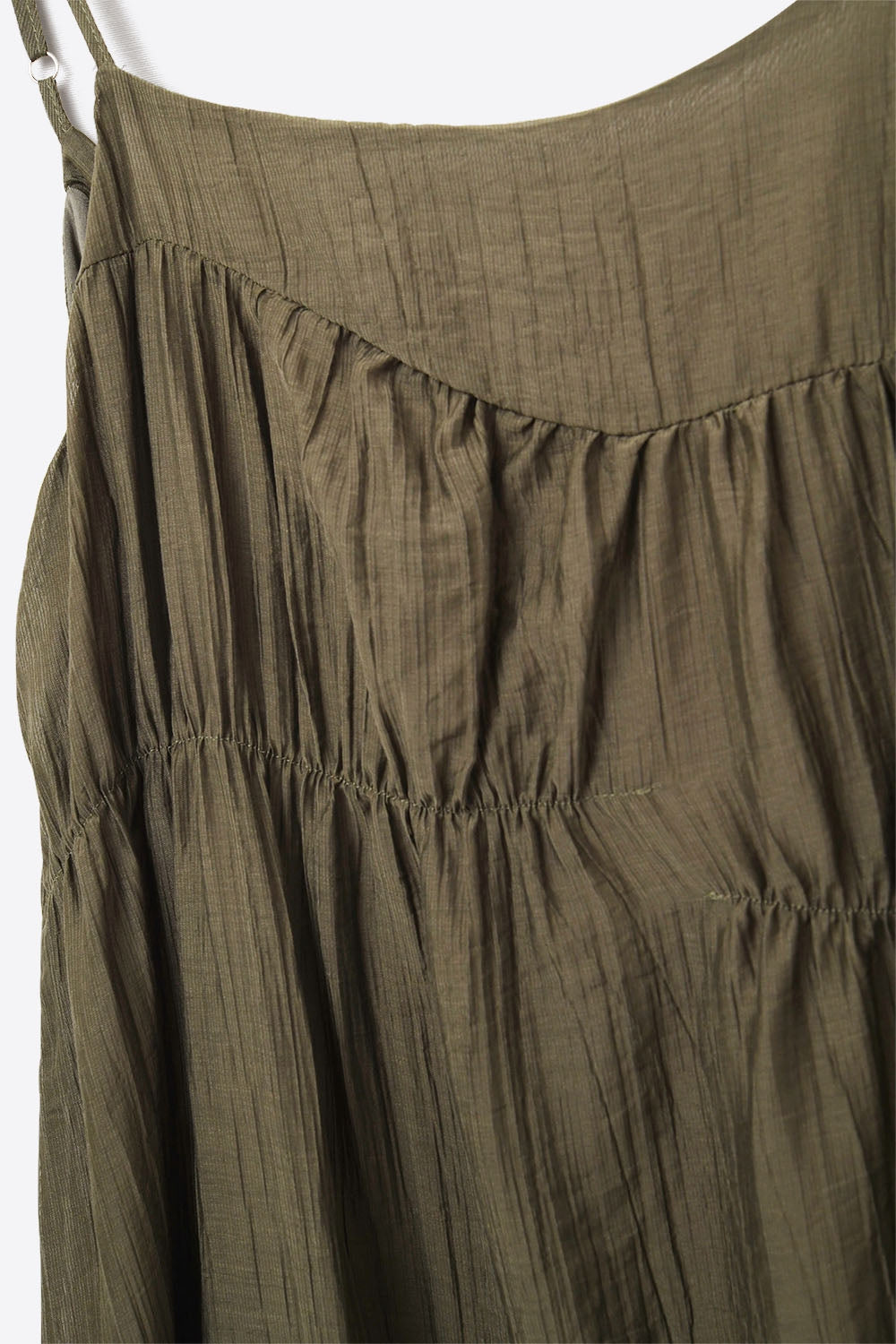 Khaki Midi Dress with Thin Straps and Crinkled Detail