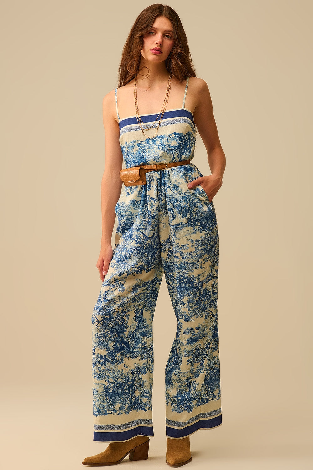 UNIKCOSA Toile de Jouy Print Jumpsuit with Thin Straps