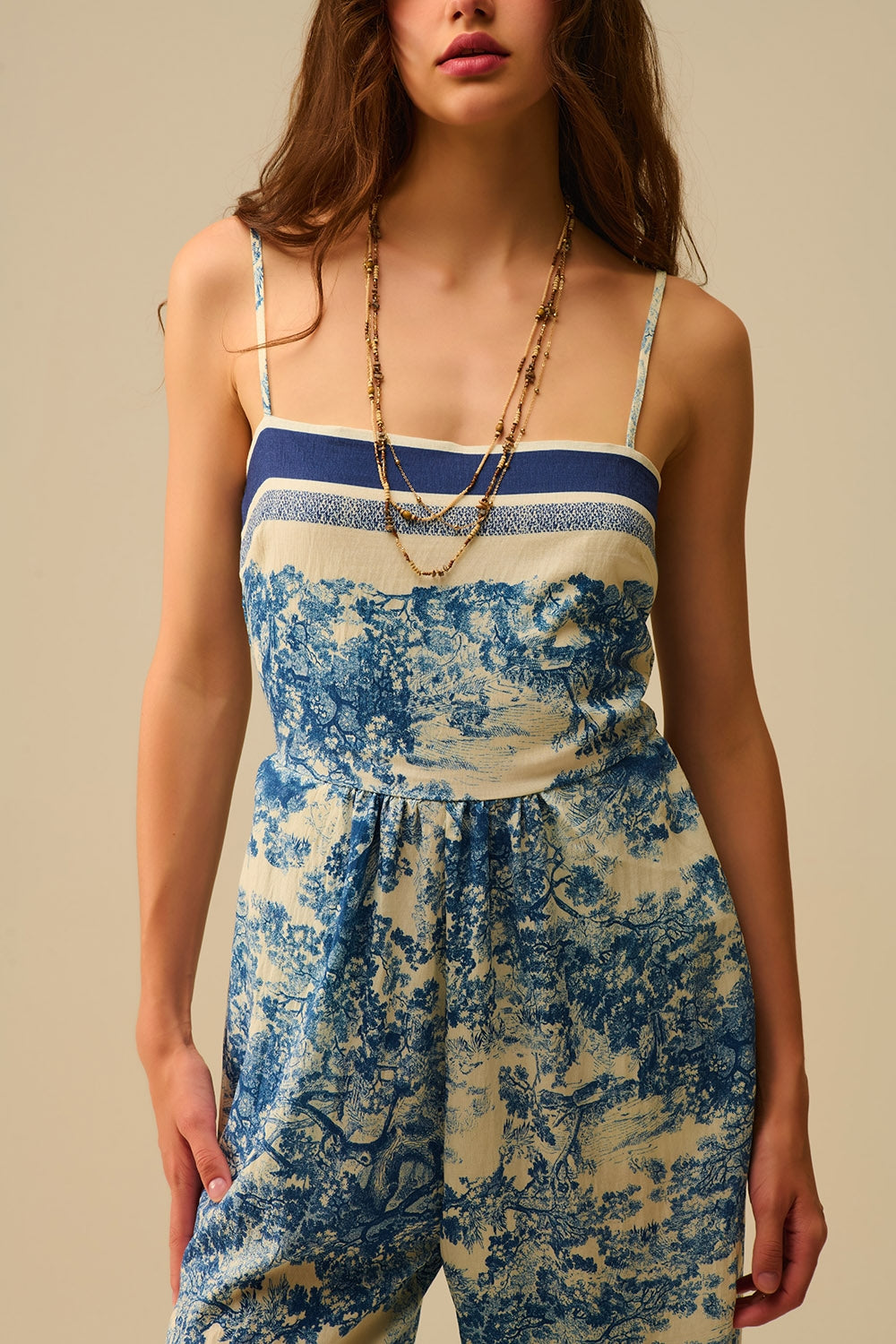 UNIKCOSA Toile de Jouy Print Jumpsuit with Thin Straps