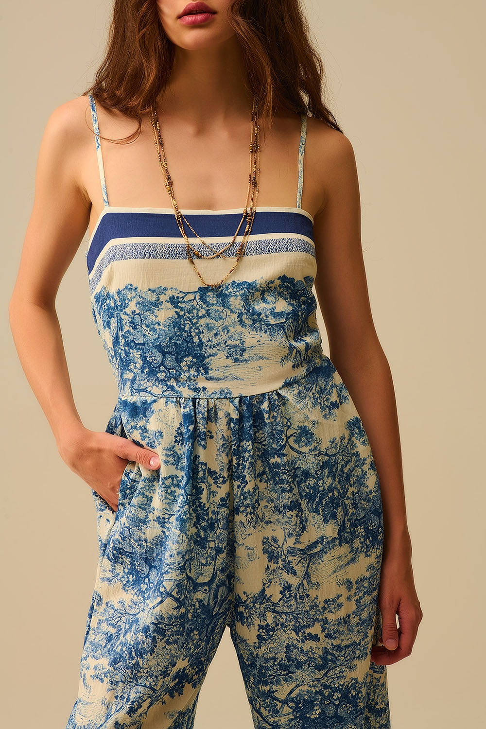 UNIKCOSA Toile de Jouy Print Jumpsuit with Thin Straps