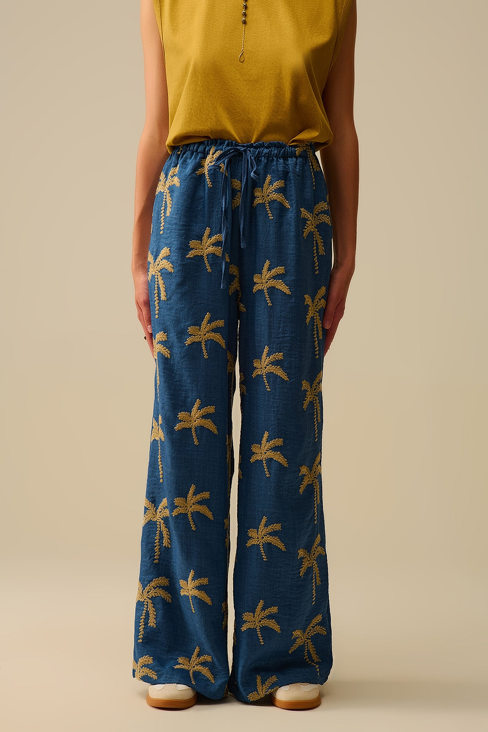 Blue Wide-Leg Trousers with beige Palm Tree Embroidery