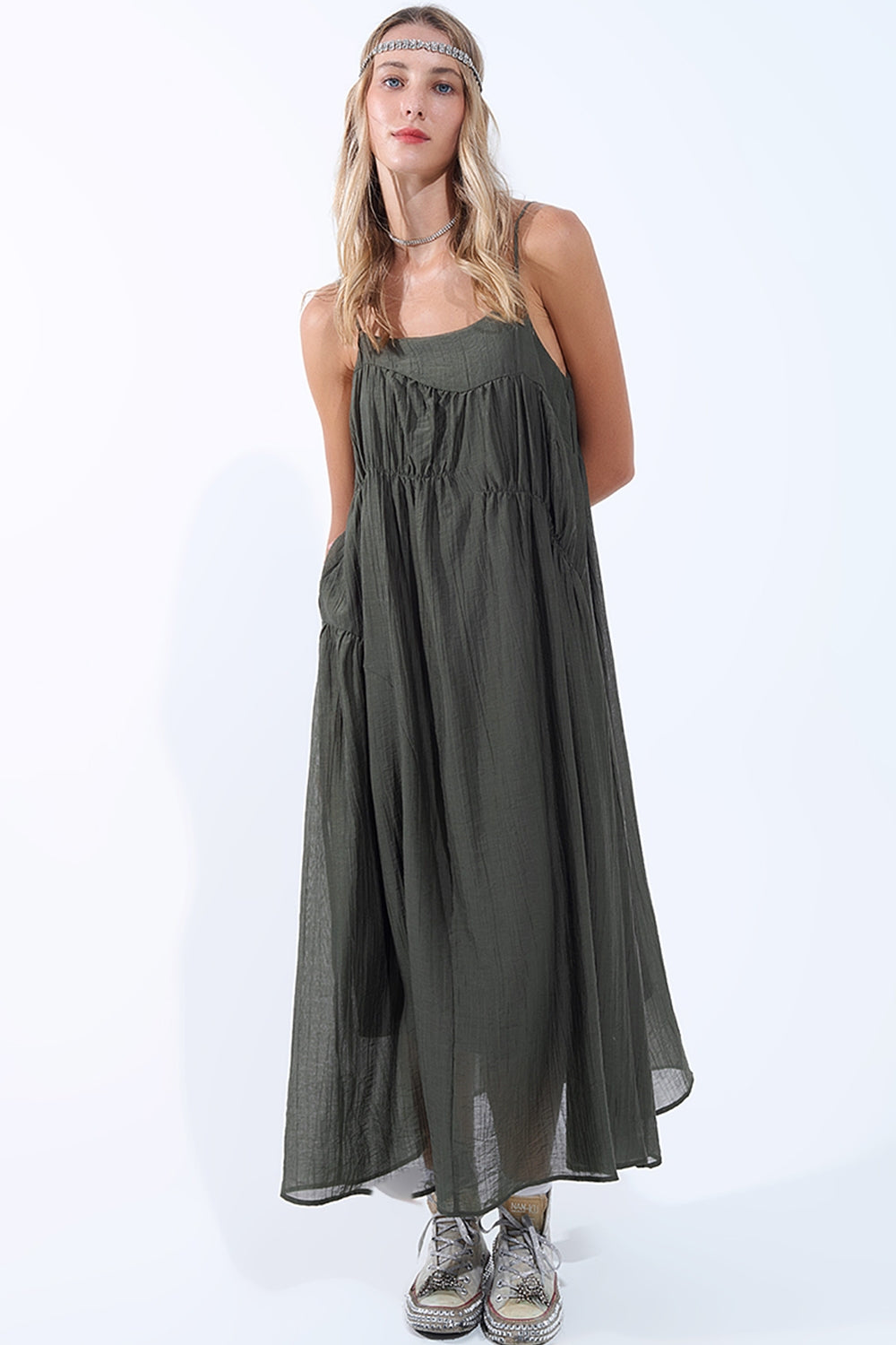 Khaki Midi Dress with Thin Straps and Crinkled Detail