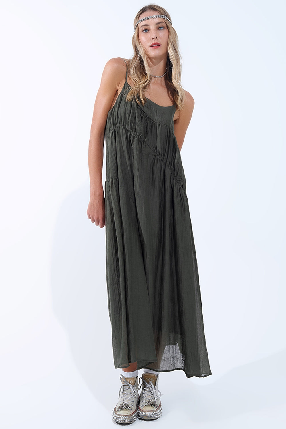 Khaki Midi Dress with Thin Straps and Crinkled Detail