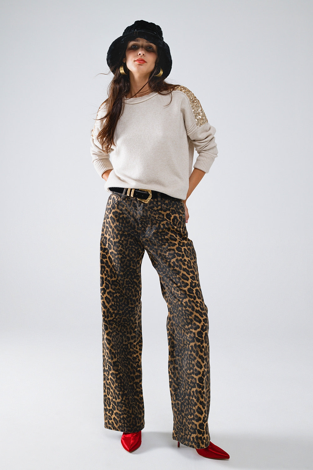 UNIKCOSA Leopard Print Straight Leg Jeans
