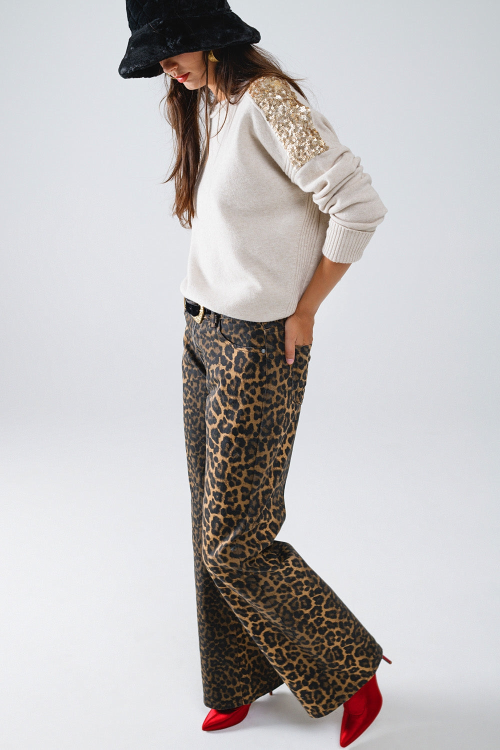 UNIKCOSA Leopard Print Straight Leg Jeans