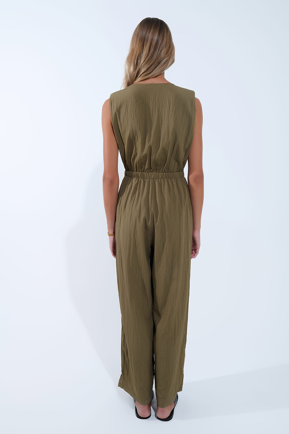 UNIKCOSA draped olive jumpsuit in crinkled fabric
