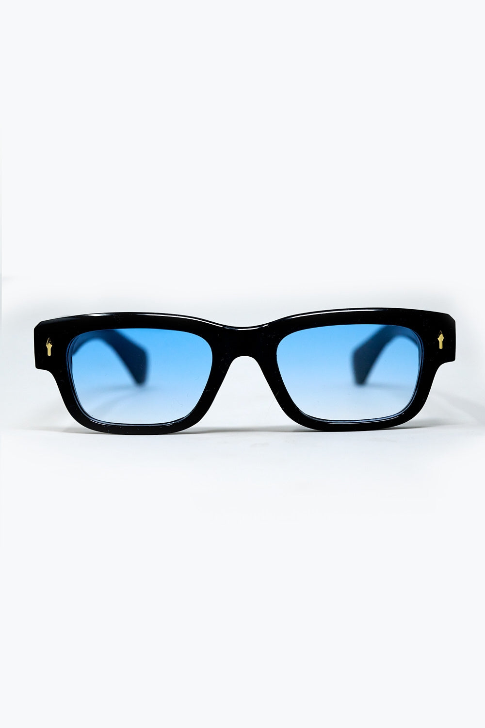 Black sunglasses with oval frame with gold detail and blue glass