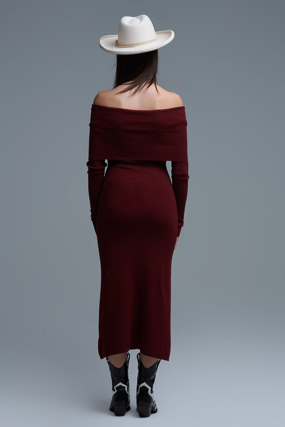 UNIKCOSA Maxi Knitted wide Bardot Dress in burgundy