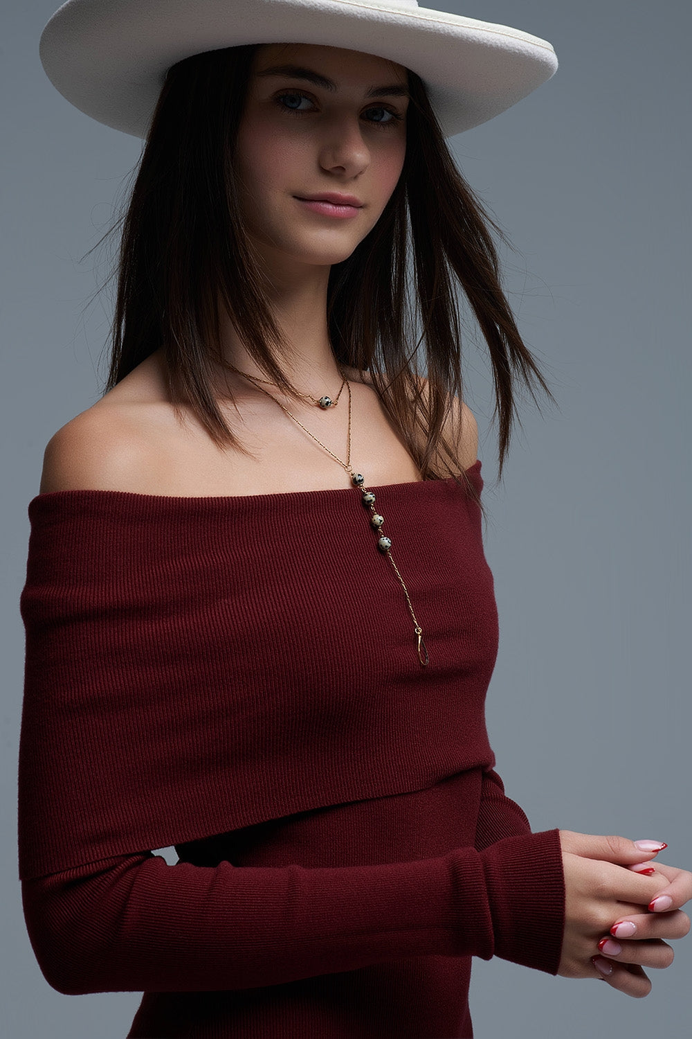 UNIKCOSA Maxi Knitted wide Bardot Dress in burgundy