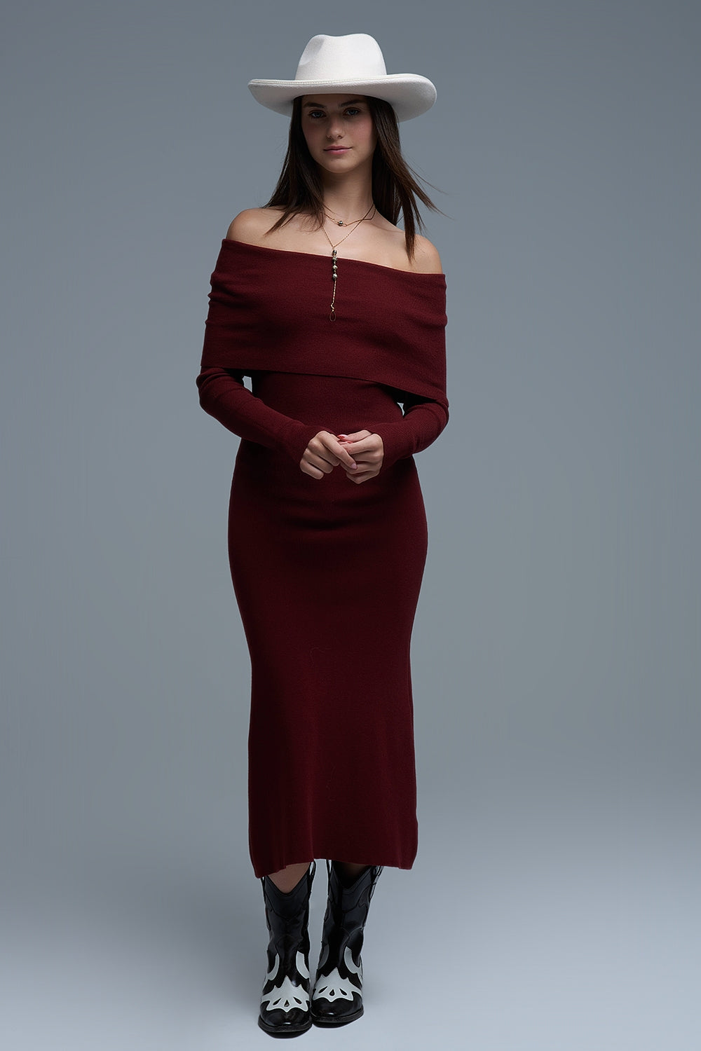 UNIKCOSA Maxi Knitted wide Bardot Dress in burgundy