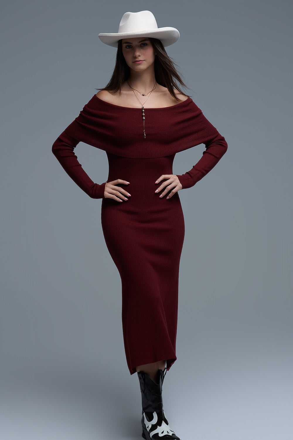 UNIKCOSA Maxi Knitted wide Bardot Dress in burgundy
