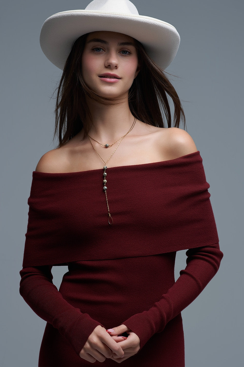 UNIKCOSA Maxi Knitted wide Bardot Dress in burgundy