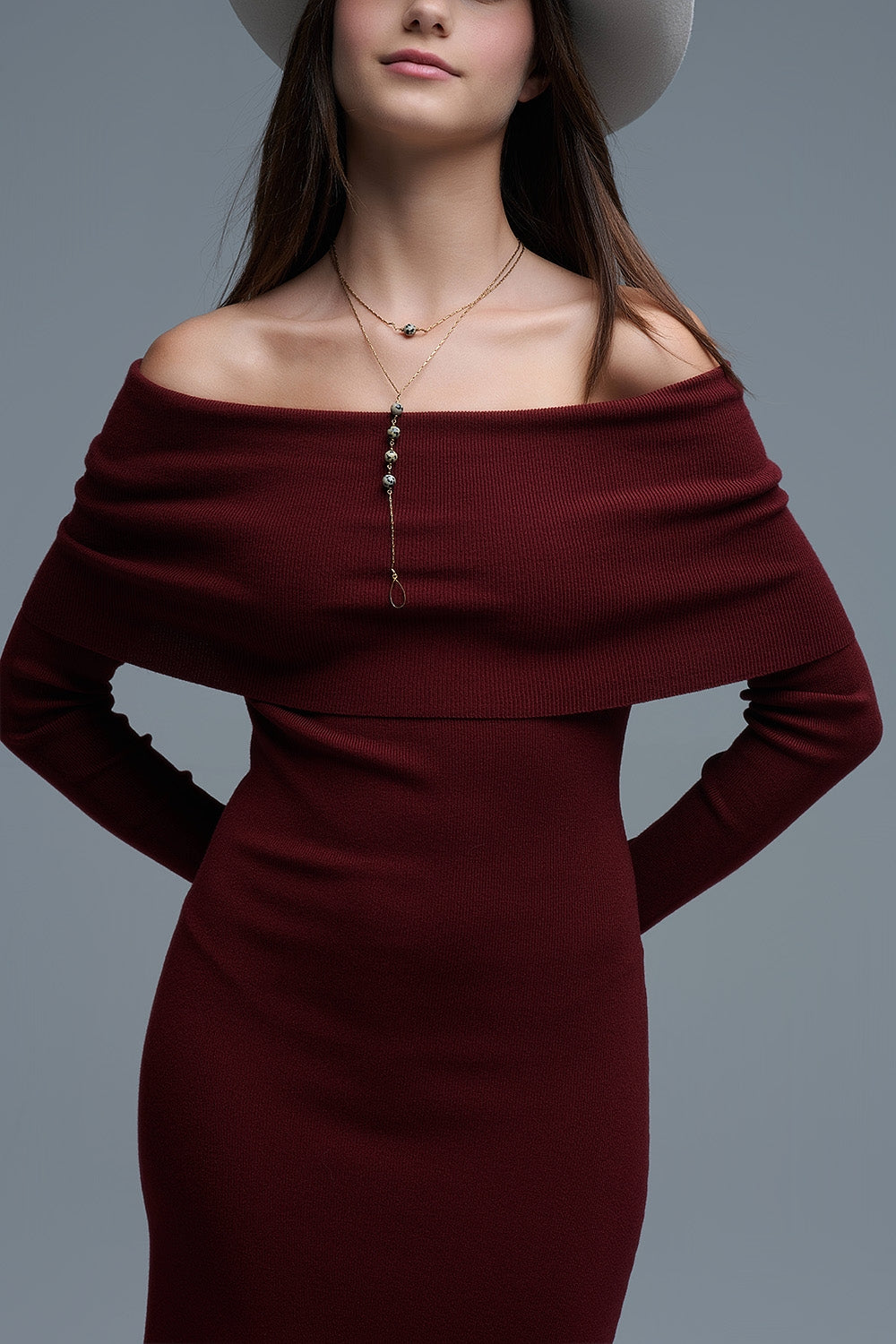 UNIKCOSA Maxi Knitted wide Bardot Dress in burgundy