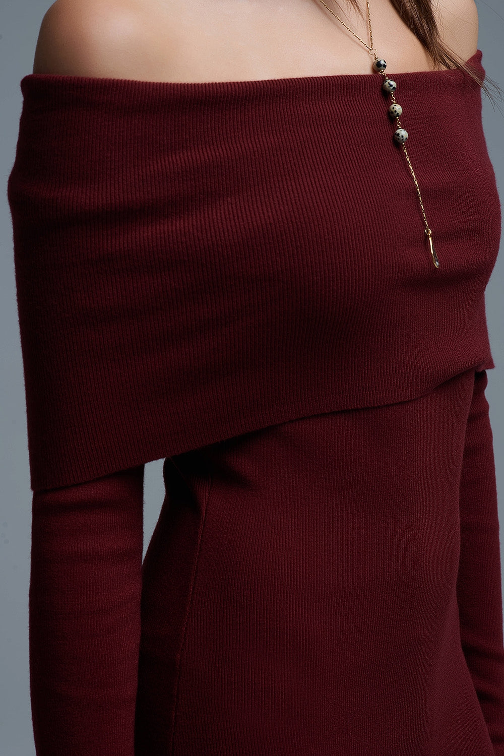 UNIKCOSA Maxi Knitted wide Bardot Dress in burgundy