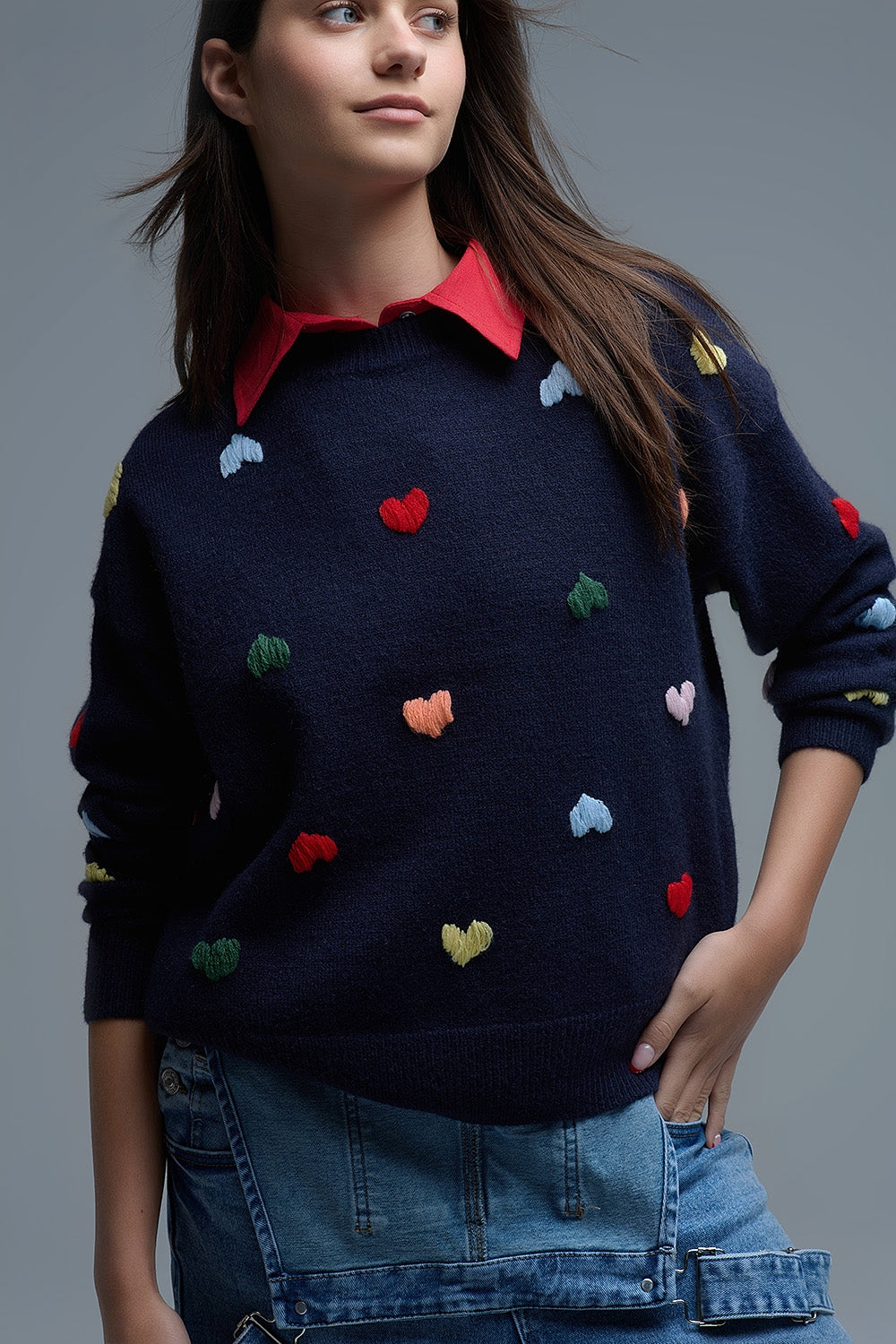 Navy Crew neck Sweater With Multicolor Embroidered Hearts