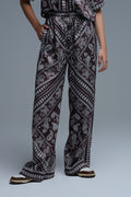 Relaxed Paisley Print Pants With Adjustable Drawstring in Brown