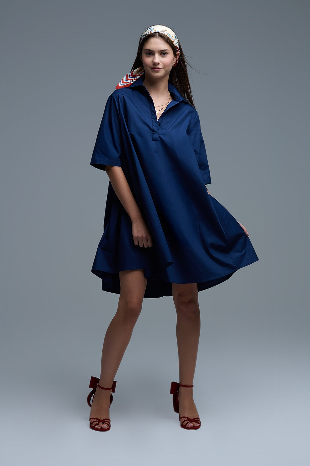 UNIKCOSA Oversized 3/4 Sleeve Poplin Dress in Navy