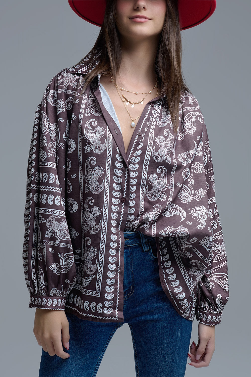 Brown Paisley Shirt With Voluminous Sleeves