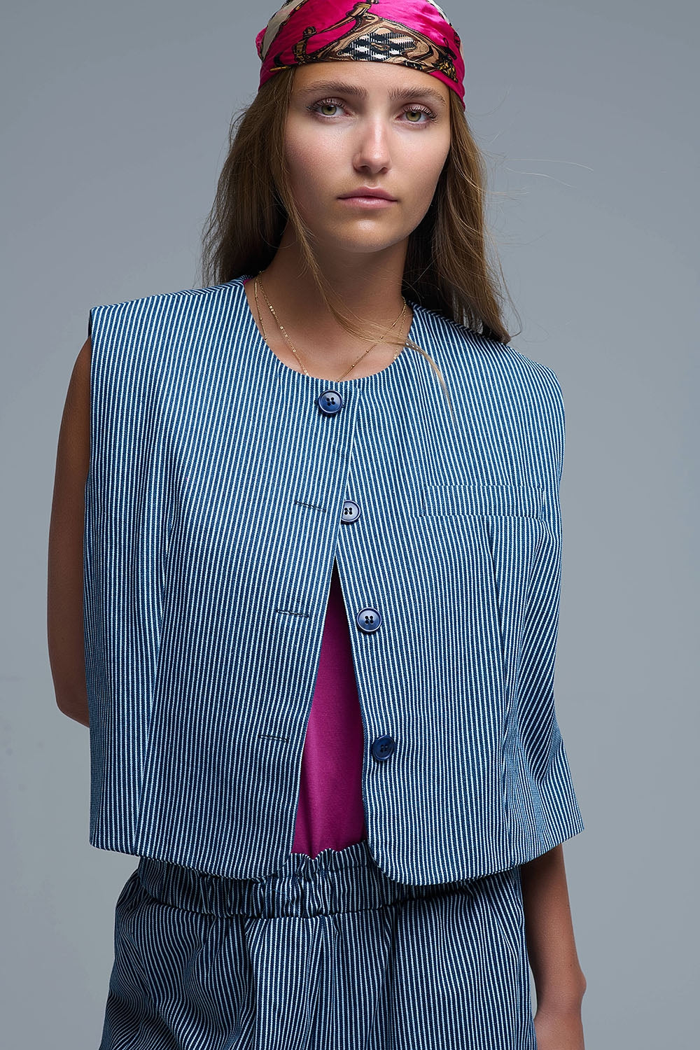 Blue and White Striped Crew Neck Vest