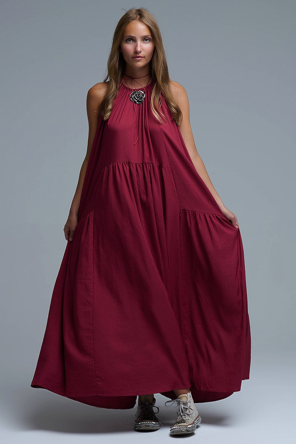 UNIKCOSA Burgundy Halter Neck Maxi Dress With Seam Detailing