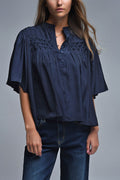 Relaxed Navy boho-style blouse with embroidered details