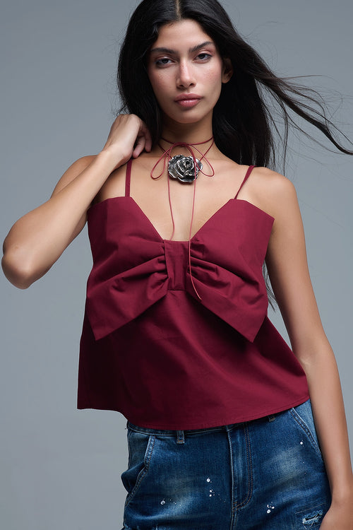 Burgundy poplin crop top with bow detail — view 1 of 7