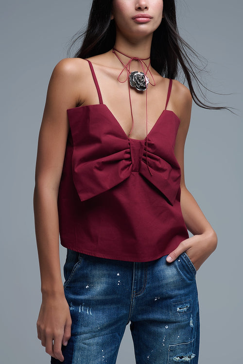 Burgundy poplin crop top with bow detail — view 2 of 7