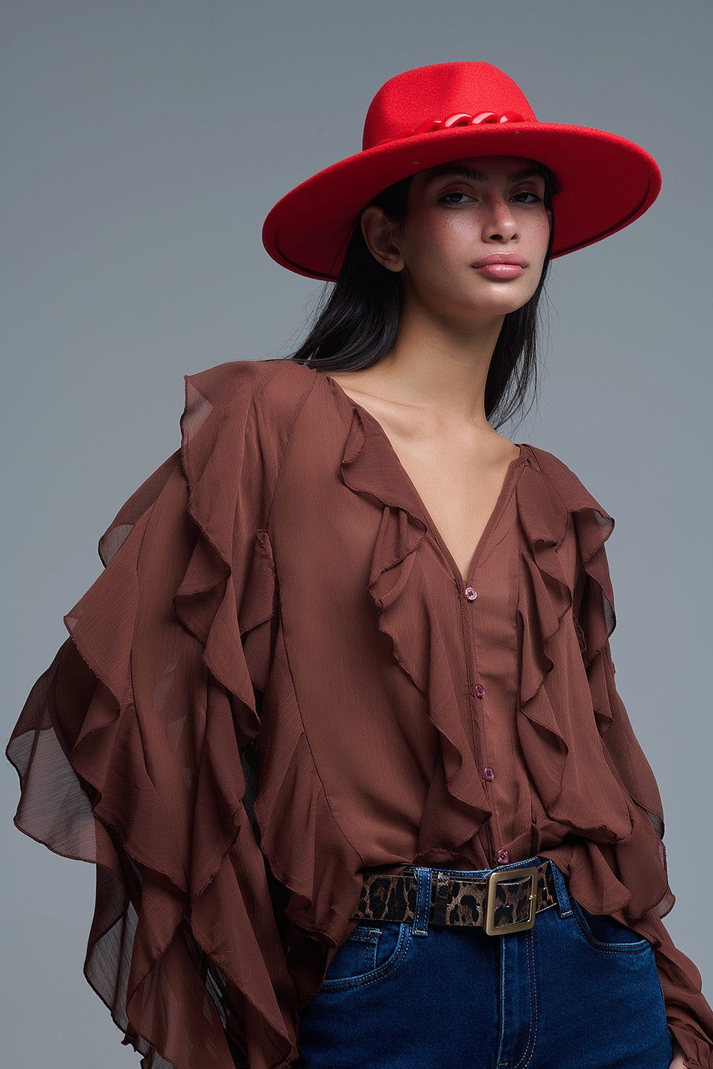 Brown chiffon V-Neck All Over Ruffle Blouse