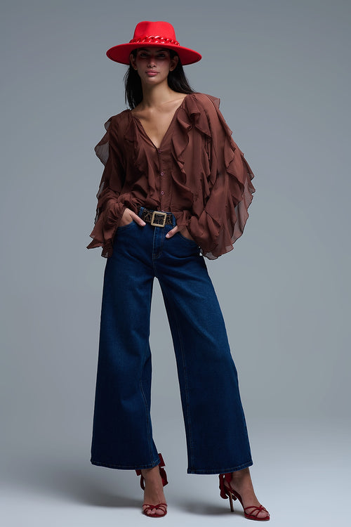 Brown chiffon V-Neck All Over Ruffle Blouse — view 2 of 9