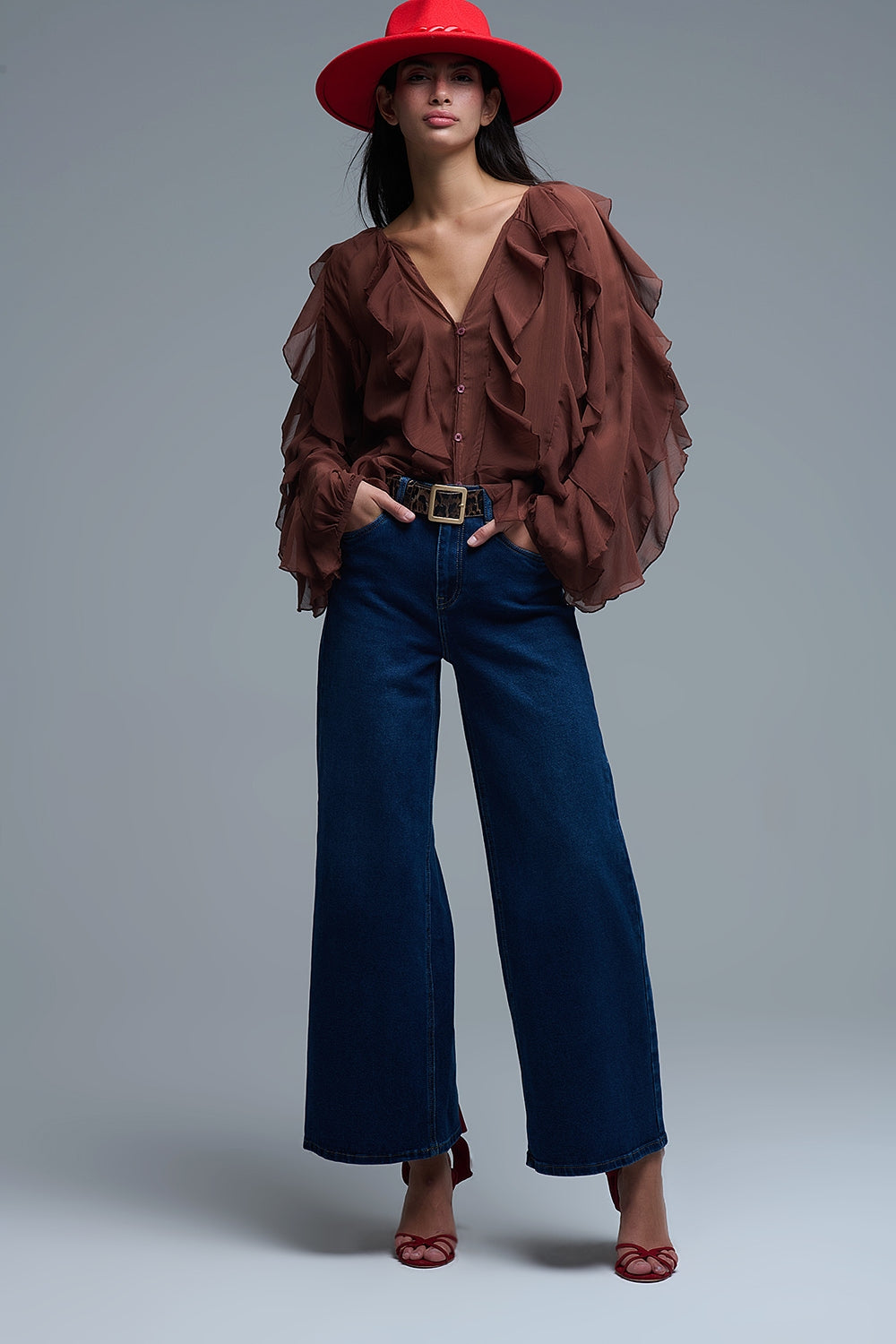 Brown chiffon V-Neck All Over Ruffle Blouse