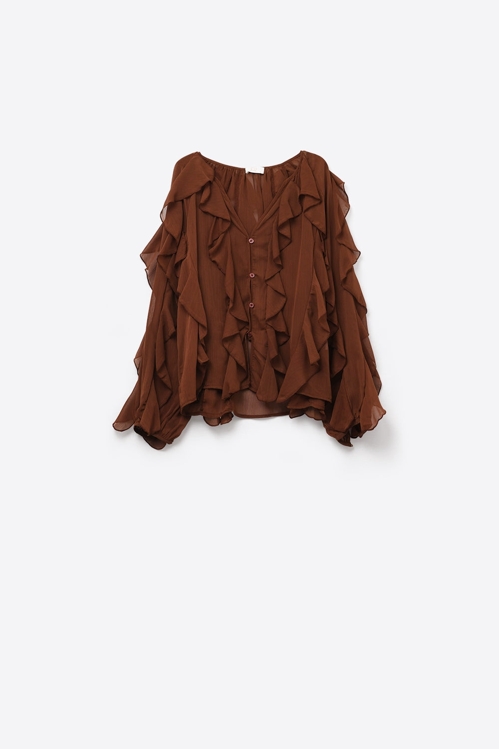 Brown chiffon V-Neck All Over Ruffle Blouse