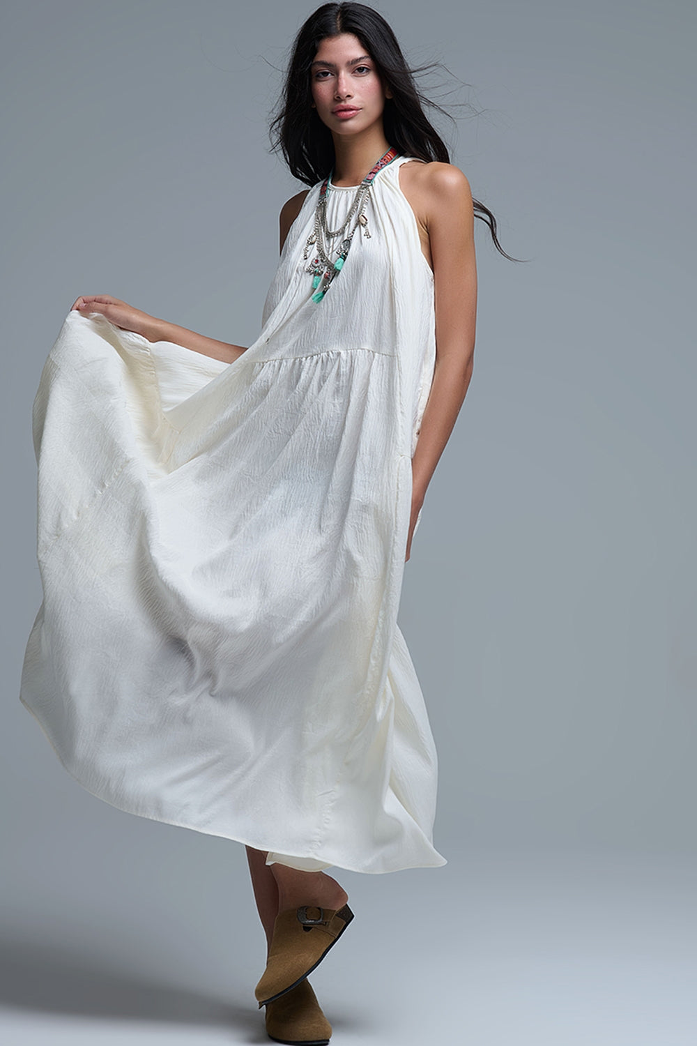 UNIKCOSA Cream Halter Neck Maxi Dress With Seam Detailing