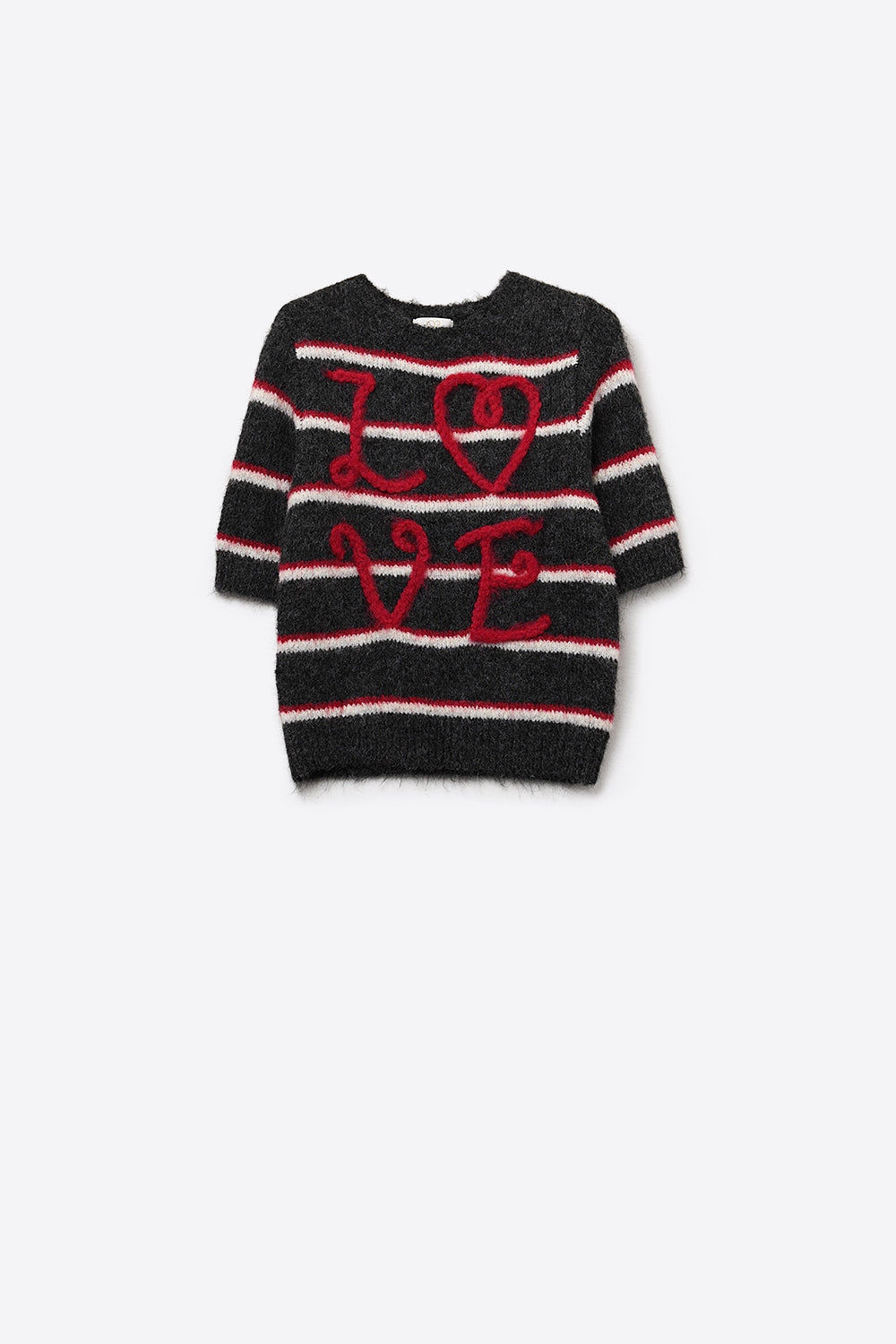 Short Sleeve Embroidered Love Sweater in Dark Grey