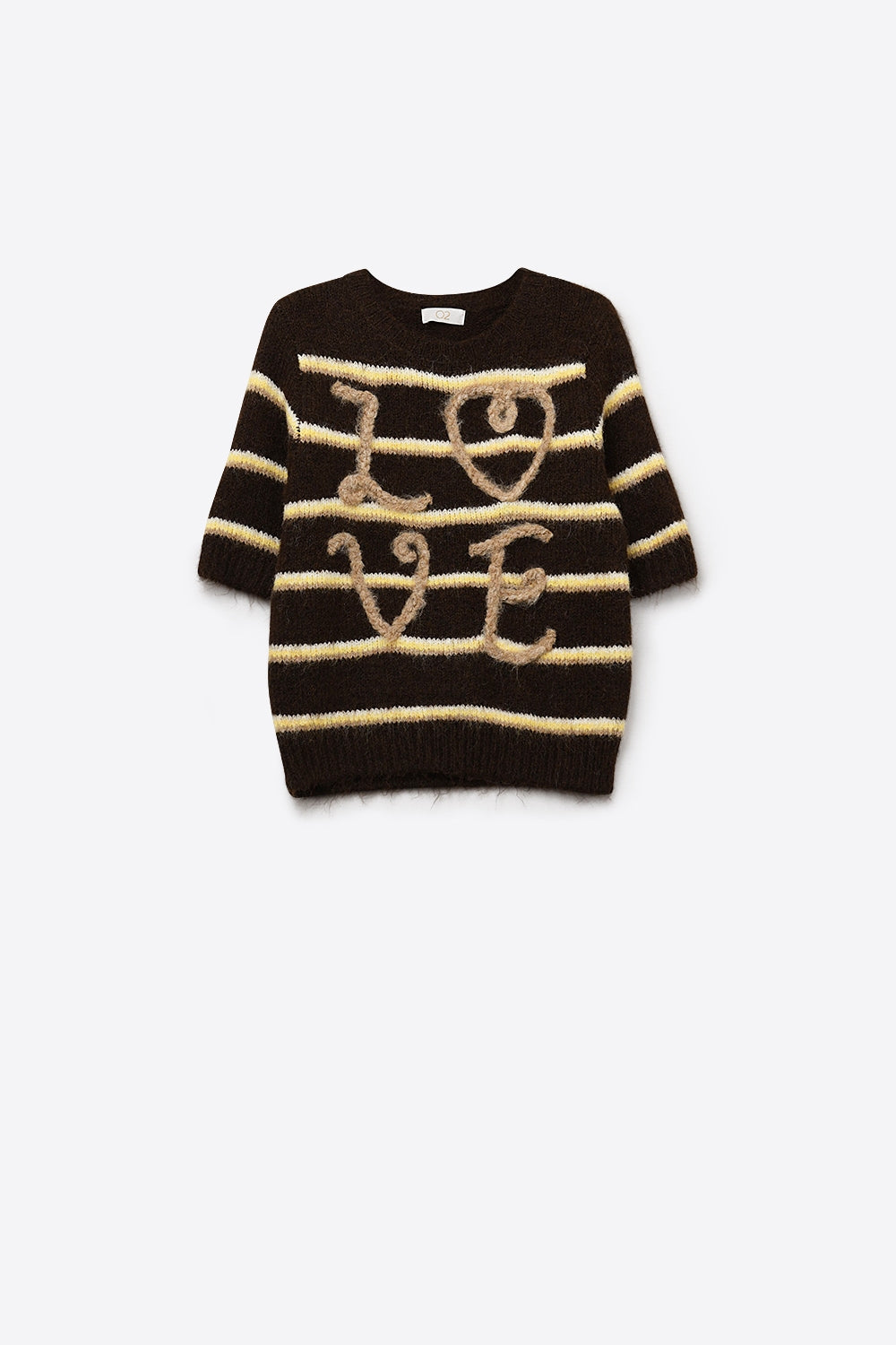 Short Sleeve Embroidered Love Sweater in Brown