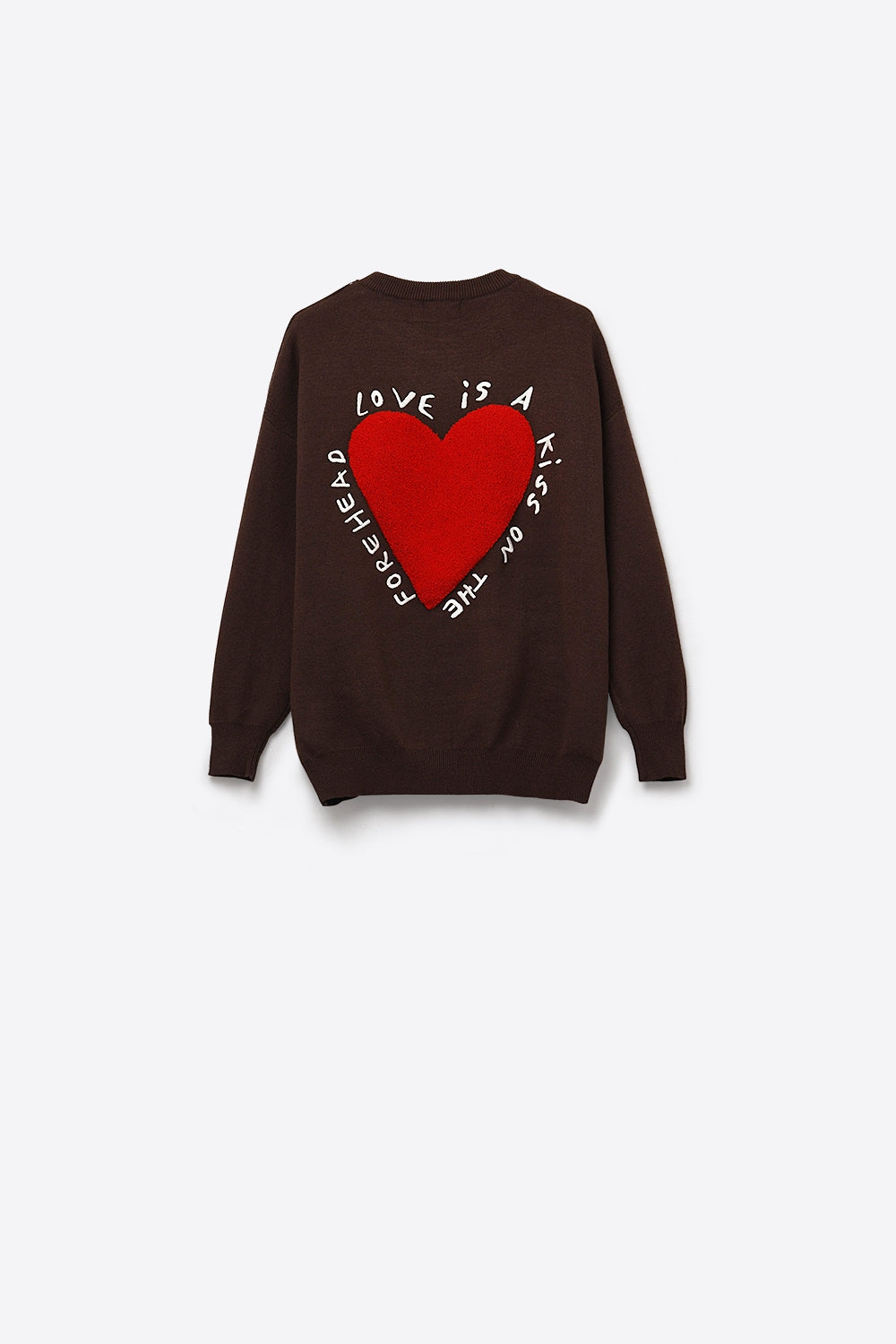Embroidered Heart knitted Sweatshirt With Text in Brown