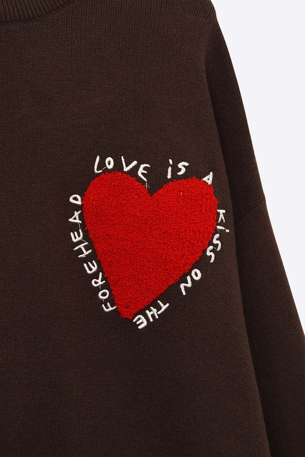 Embroidered Heart knitted Sweatshirt With Text in Brown