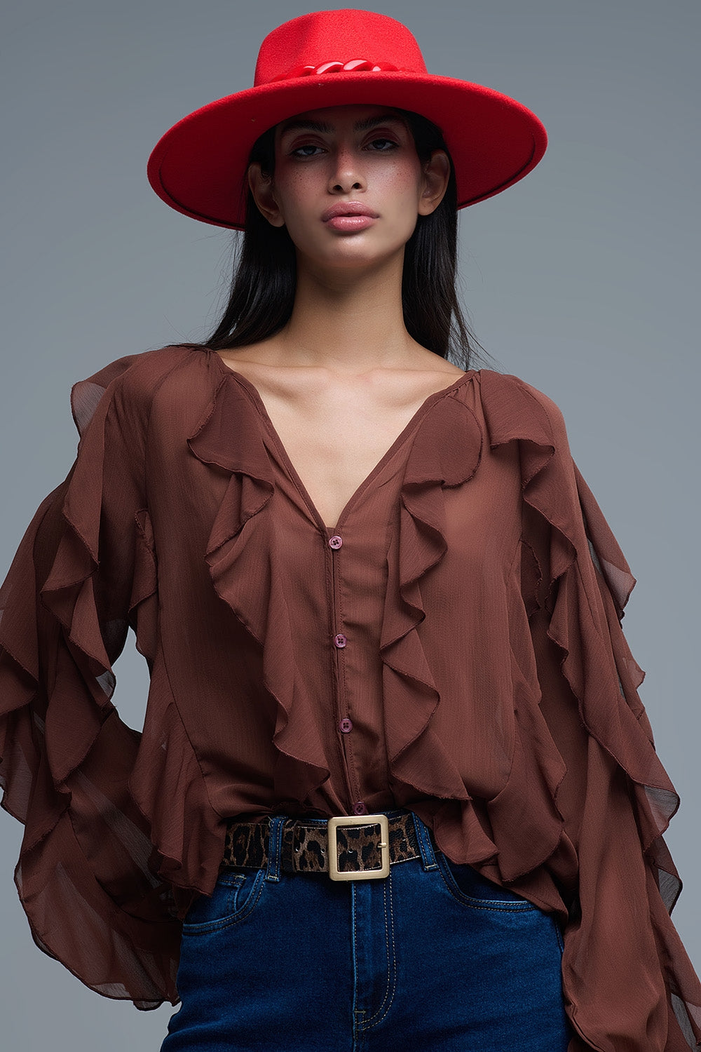 Brown chiffon V-Neck All Over Ruffle Blouse