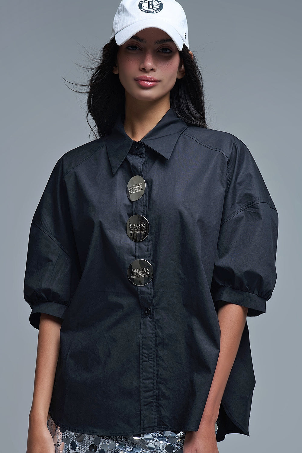 Relaxed 3/4 Sleeve Poplin Shirt With Button Detail in Black