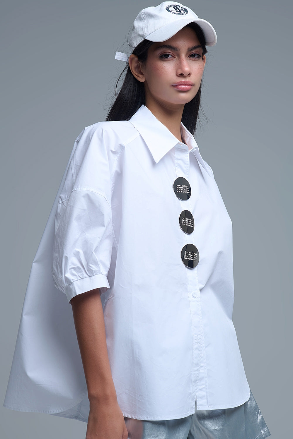Relaxed 3/4 Sleeve Poplin Shirt With Button Detail in White