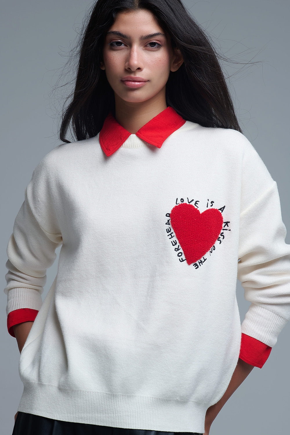 Embroidered Heart knitted Sweatshirt With Text in Cream