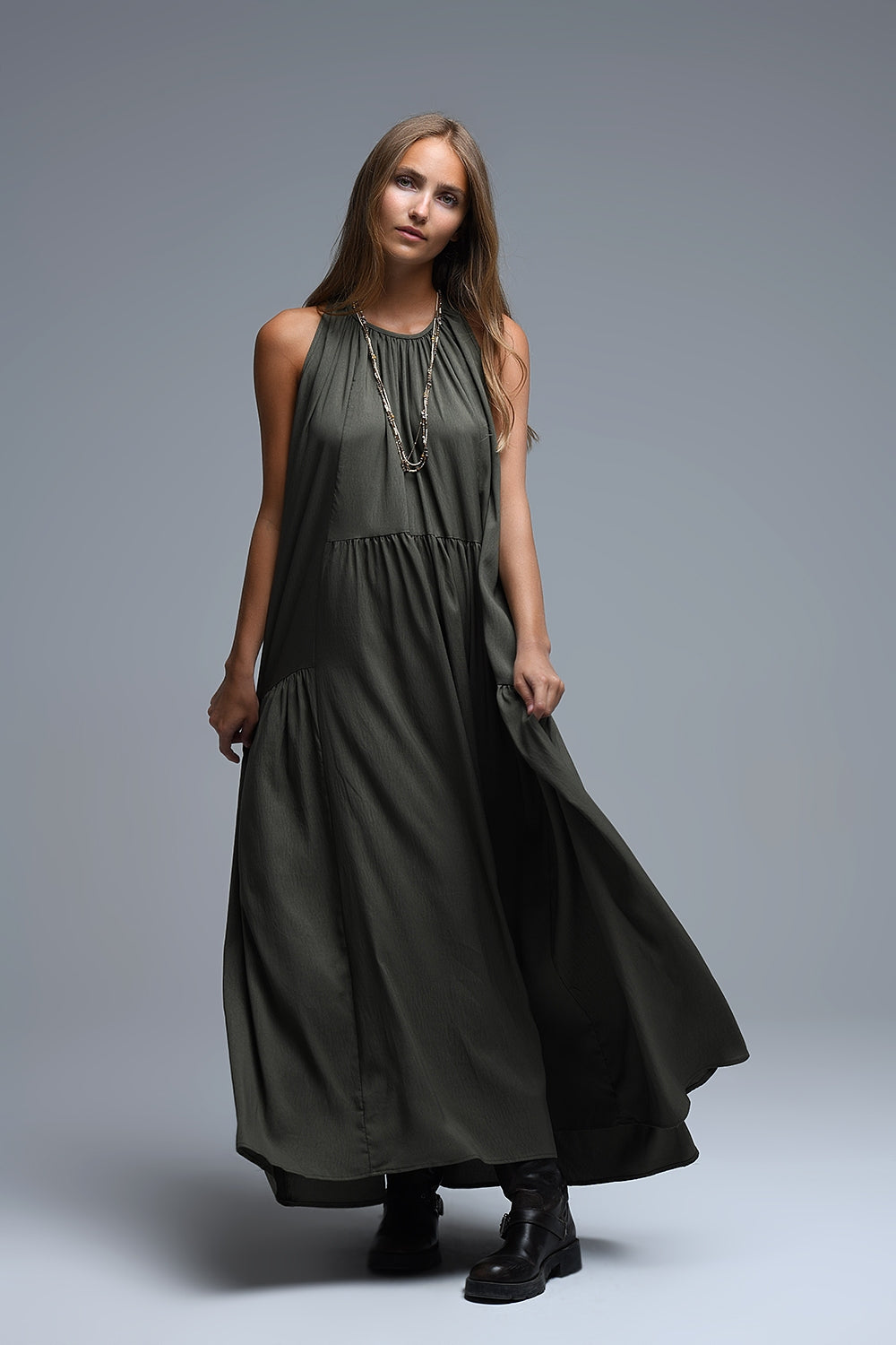 UNIKCOSA Khaki Halter Neck Maxi Dress With Seam Detailing