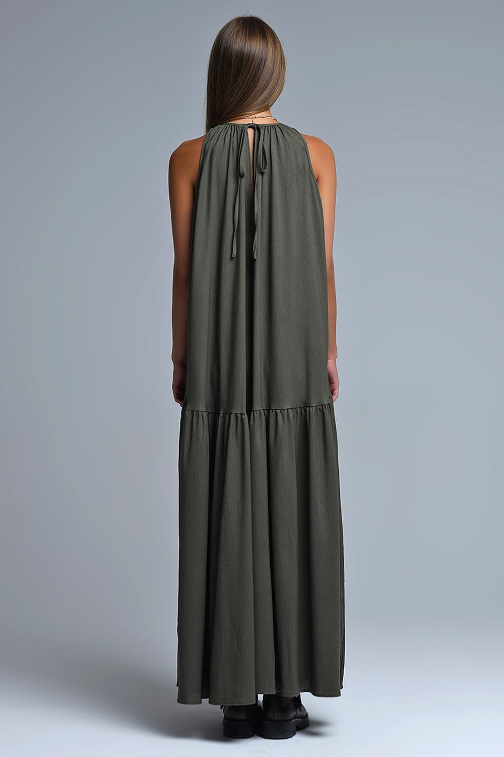 UNIKCOSA Khaki Halter Neck Maxi Dress With Seam Detailing