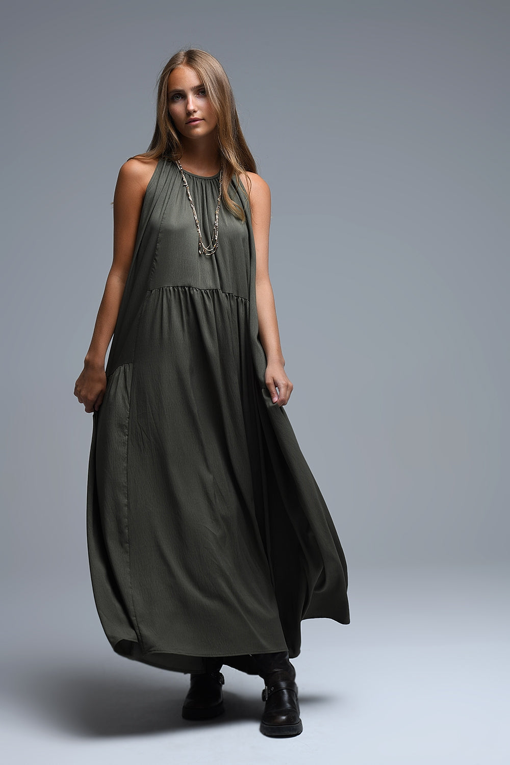 UNIKCOSA Khaki Halter Neck Maxi Dress With Seam Detailing