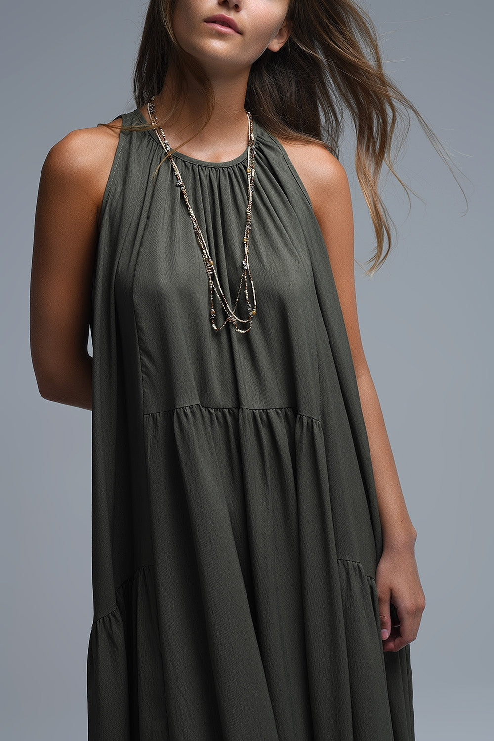 UNIKCOSA Khaki Halter Neck Maxi Dress With Seam Detailing