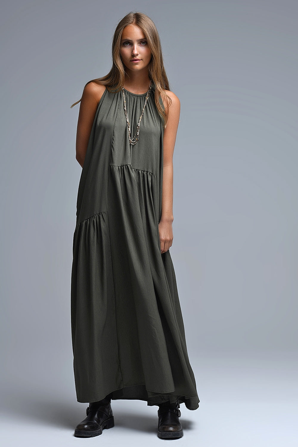 UNIKCOSA Khaki Halter Neck Maxi Dress With Seam Detailing